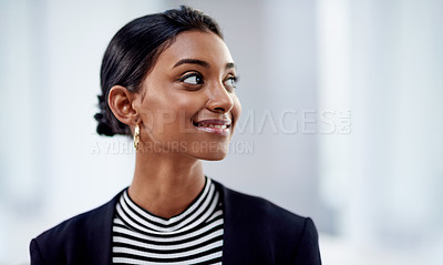 Buy stock photo Business woman, happy and thinking for promotion, career and startup idea in office. Indian worker, entrepreneur and vision for future, small business and dream job or financial freedom in workplace