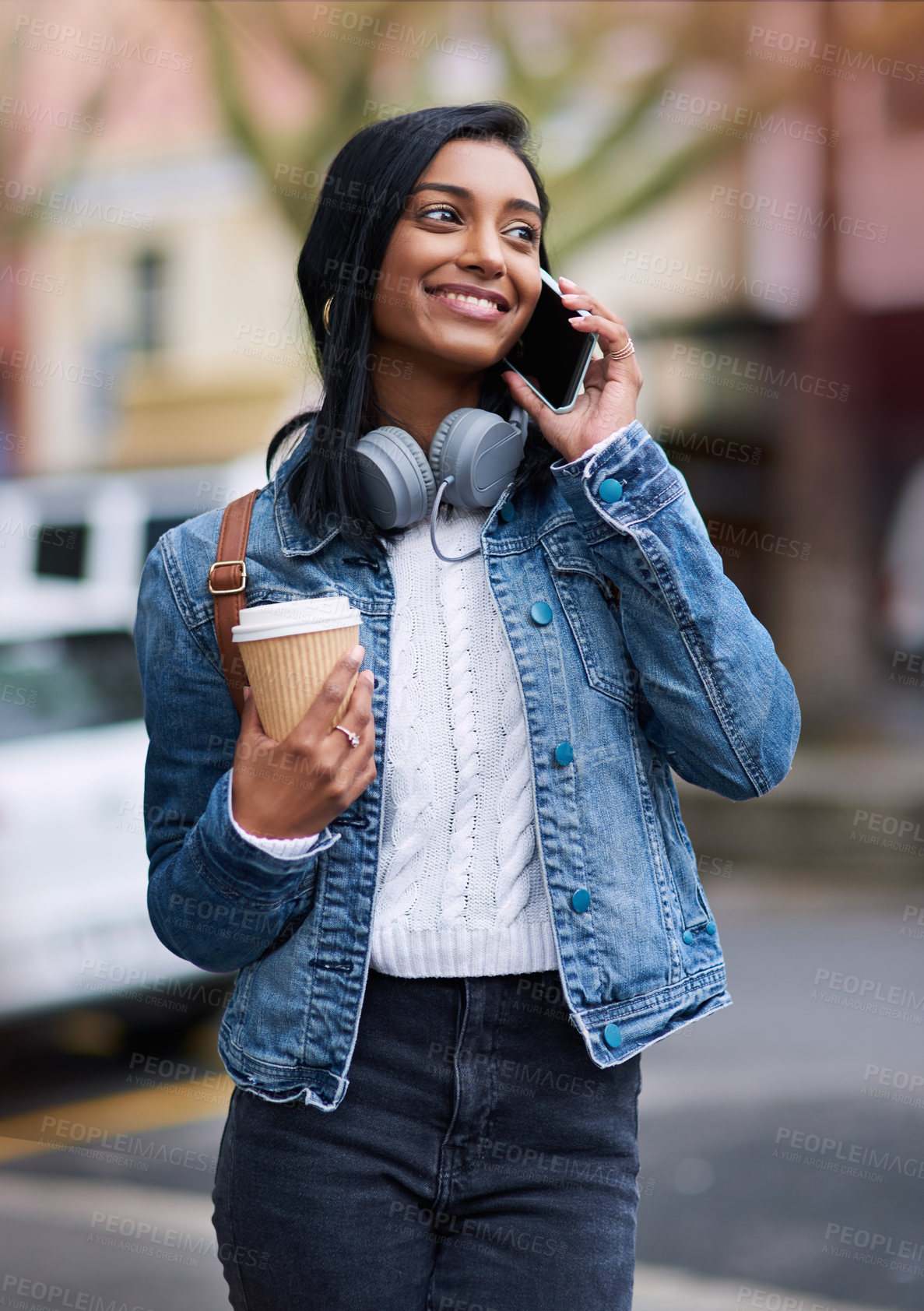Buy stock photo Phone call, walking and woman in city, conversation and communication with smile and travel. Happy person, student and girl with smartphone or mobile user with connection and digital app with commute