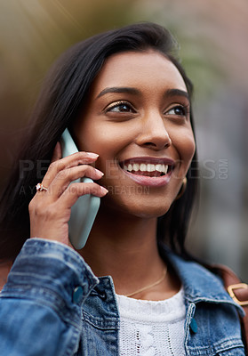 Buy stock photo Indian, woman and phone call for communication outdoor, conversation and technology with travel. Contact, digital connection and virtual chat with talking on commute in city, mobile app and VOIP