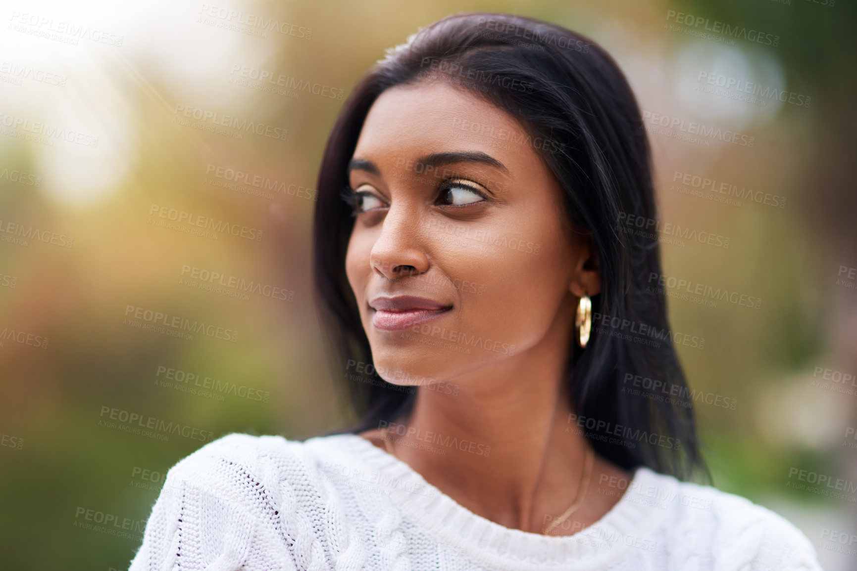 Buy stock photo Outdoor, smile and Indian girl in park, thinking and nature of sun, city and relax in weekend. Fashion, eco friendly and confidence for idea, happiness and lens flare in Mumbai, student and person