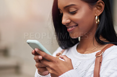 Buy stock photo Outdoor, smile and Indian girl with phone, texting and nature of sun, city and relax in weekend. Fashion, eco friendly and confidence for idea, happiness and bokeh in background, student and person