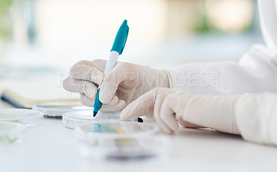 Buy stock photo Research, writing and hands or scientist with pen to label petri dish for identification or analysis for tools. Person, zoom and marker in laboratory for innovation study, experiment and breakthrough