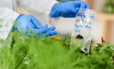 Buy stock photo Hands, scientist and soil sample for testing, fertilizer and agriculture study for biodiversity. Specimen, gloves and doctor person for research, bag and microbe or bacteria growth for food security