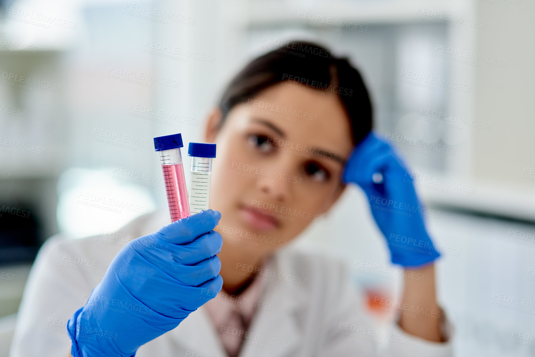 Buy stock photo Science, vaccine and woman with test tube, liquid and results for medical study in laboratory. Solution, medicine and innovation for scientist, lab technician or pharmaceutical test process for drugs