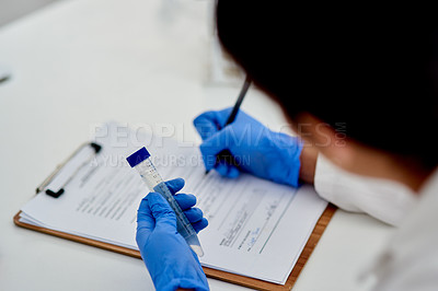 Buy stock photo Science, clipboard and lab with test tube in hand, medic and microbiologist with research for vaccine study. Career,   healthcare and laboratory documents for examination, biotechnology and writing