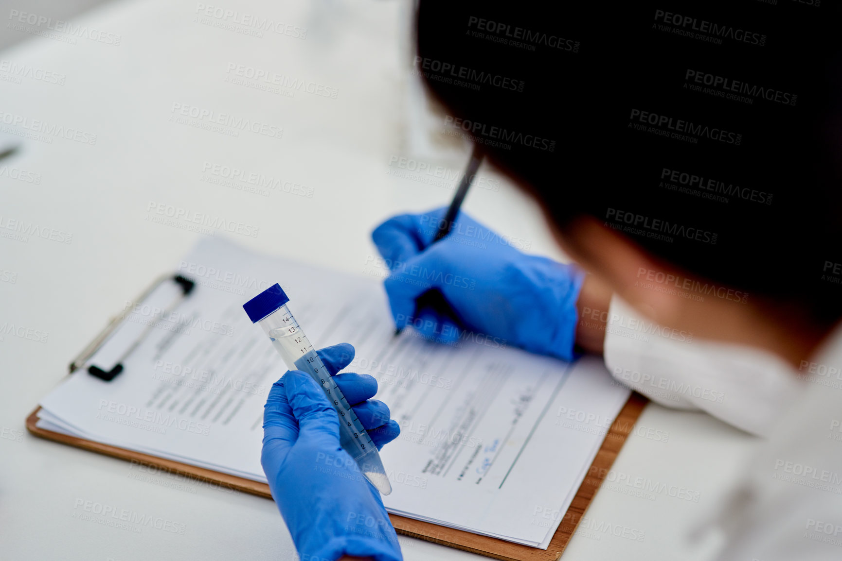 Buy stock photo Science, clipboard and lab with test tube in hand, medic and microbiologist with research for vaccine study. Career,   healthcare and laboratory documents for examination, biotechnology and writing