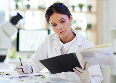 Buy stock photo Science, researcher and woman writing in lab, review experiment and feedback for breakthrough. Person, employee and biotech with document and paperwork for medical information, expert and healthcare