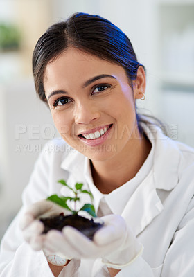 Buy stock photo Scientist, happy woman and portrait with plant for research, innovation or botany in medical laboratory. Science professional, face and natural leaf in organic soil for ecology, or sustainability