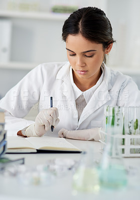 Buy stock photo Woman, scientist and notes with notebook in lab for study of plants for botany or ecology with biotechnology. Female specialist or doctor, research and write results or analysis of experiment or test