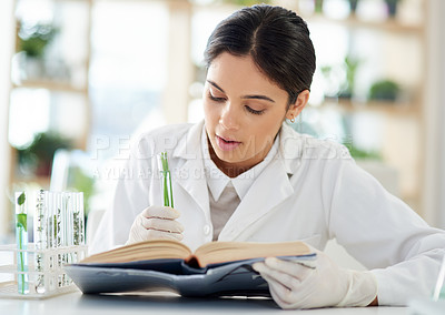 Buy stock photo Woman, scientist and plants with notebook in lab for study of botany or ecology with biotechnology. Female specialist or doctor, research and record results or medical of experiment or test for work.