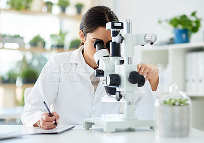 Buy stock photo Science, microscope and writing in lab with research for sample analysis, medical experiment and DNA test. Scientist, woman and expert with tech equipment for gene editing or healthcare breakthrough 