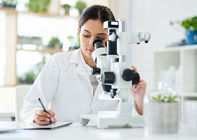 Buy stock photo Scientist, microscope and writing in lab with research for sample analysis, medical experiment and DNA test. Science, woman and expert with tech equipment for gene editing or healthcare breakthrough 