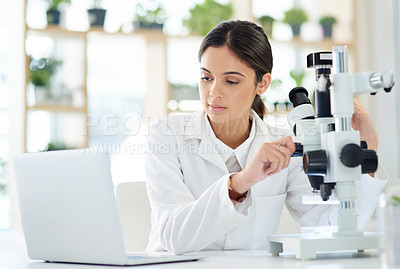 Buy stock photo Science, microscope and laptop in lab with research for sample analysis, medical experiment or DNA testing. Scientist, woman or expert with tech equipment for gene editing or healthcare breakthrough 