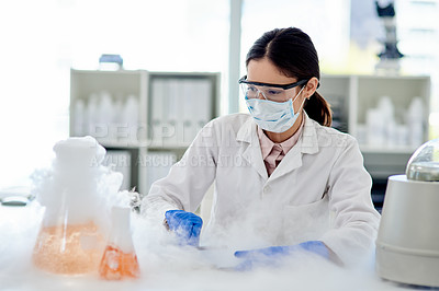 Buy stock photo Woman, scientist and lab with chemical reaction in glass for research, study and scientific experiment. Biotechnology, innovation and medical tools with liquid or acid for discovery, test and smoke