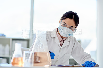 Buy stock photo Lab, glass and chemical for research study with experiment, test and scientific reaction. Scientist, woman and acid or liquid with clipboard for innovation, information and medical discovery