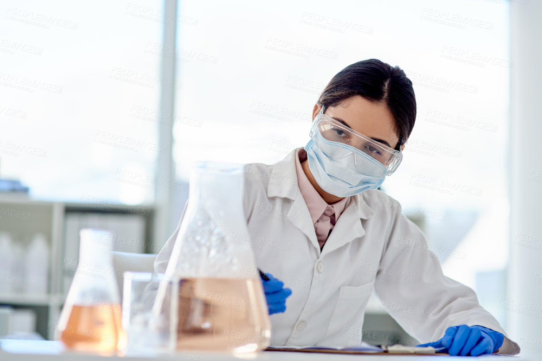 Buy stock photo Lab, glass and chemical for research study with experiment, test and scientific reaction. Scientist, woman and acid or liquid with clipboard for innovation, information and medical discovery