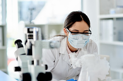 Buy stock photo Science, mask and woman with chemical smoke, medical study and test solution with results. Safety, investigation and innovation for scientist, lab technician or pharmaceutical research in laboratory