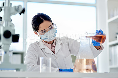 Buy stock photo Woman, scientist and lab with chemical in glass for research, study and scientific experiment. Biotechnology, innovation and medical tools with liquid or acid for discovery, test and solution