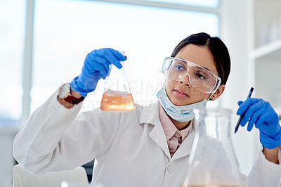 Buy stock photo Science, woman and glass of chemical in lab for research, investigation and scientific experiment. Scientist, innovation and medical mask with liquid or acid for discovery, test and solution
