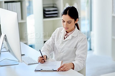 Buy stock photo Science, computer and woman with checklist, clipboard and results for medical study in laboratory. Paperwork, writing and research for scientist, technician or notes for pharmaceutical test process