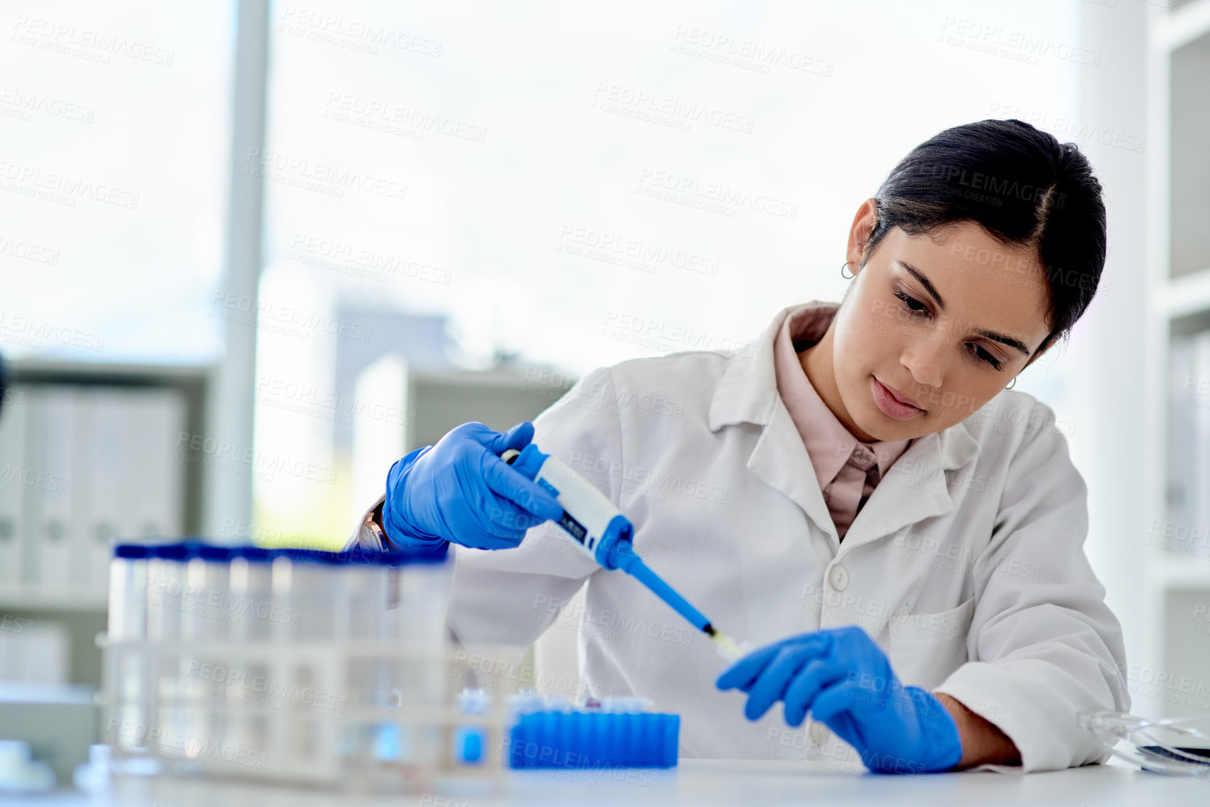 Buy stock photo Lab, chemical and test tube for woman scientist for medicine, experiment and innovation for science. Healthcare, investigation and female person for analysis, medical and research for future results