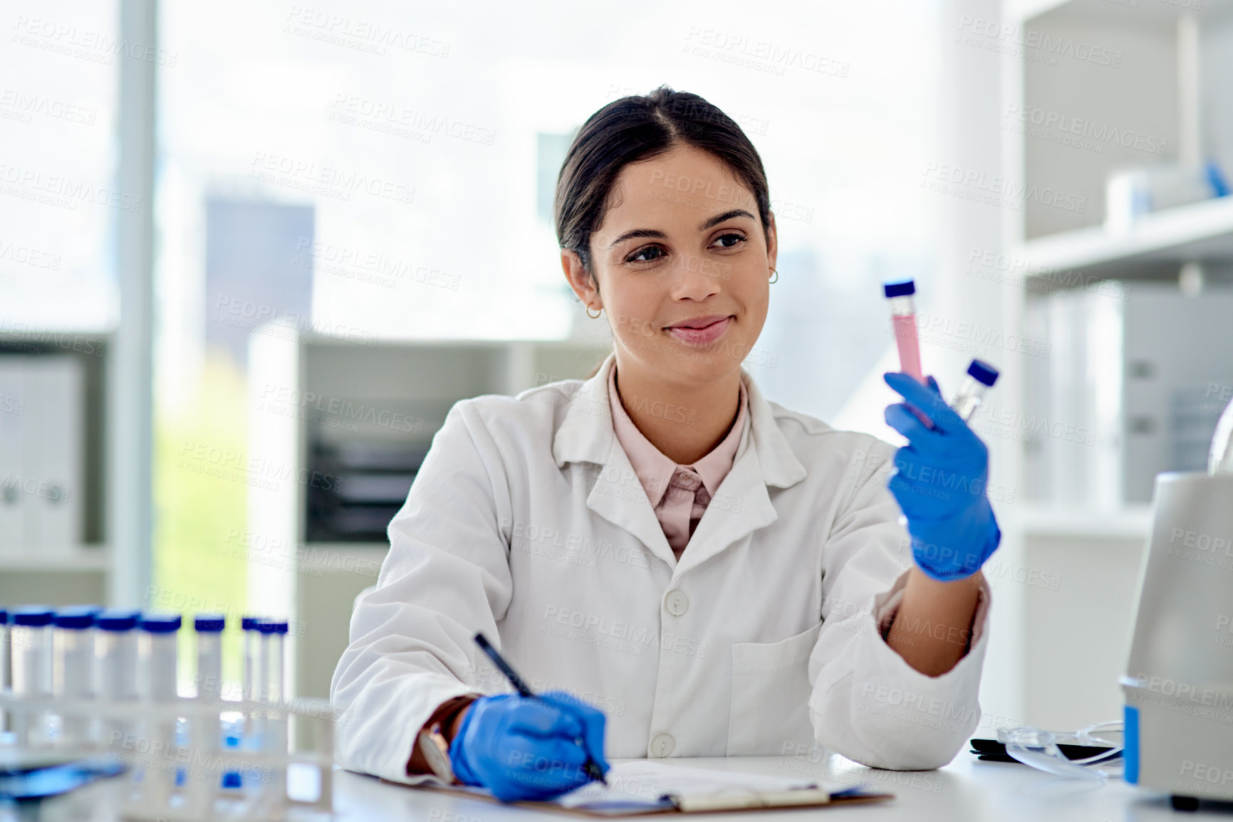 Buy stock photo Science, woman and lab with test tube for thinking, scientist and microbiologist with research and vaccine study. Career,   healthcare and laboratory or examination, biotechnology for wellness report