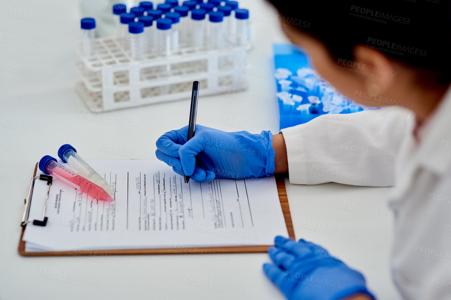 Buy stock photo Science, clipboard and lab with test tube results, medic and insurance with research for vaccine study. Career,   healthcare and female scientist and medical documents, examination and biotechnology