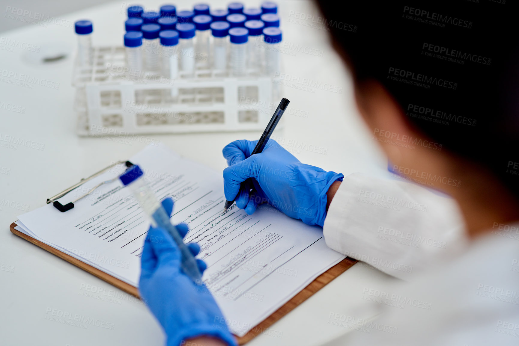 Buy stock photo Scientist, clipboard and lab results with test tube, medic and microbiologist or research for vaccine study. Female person, healthcare and laboratory or examination, hands and writing in biology