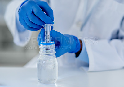 Buy stock photo Syringe, hand and liquid in lab, scientist and process of study, container and research for vaccine. Medical, work and science for medicine, person and test of formula for healthcare and pharmacy