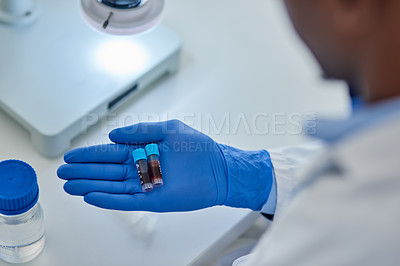 Buy stock photo Healthcare, hand or scientist with blood, sample or vial for research, study or innovation in laboratory. Medical, forensics or doctor with liquid in container for dna engineering, test or experiment