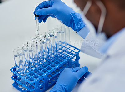 Buy stock photo Hands, test tubes and pharmaceutical development for drugs, medicine and medical research. Person, laboratory and discovery for innovation, life extension and professional biochemistry science