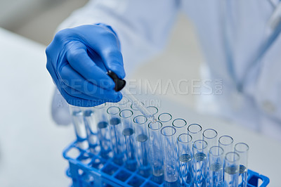 Buy stock photo Hands, test tube and pharmaceutical research for drugs, medicine and medical development. Scientist, laboratory and discovery for innovation, life extension and professional biochemistry expert