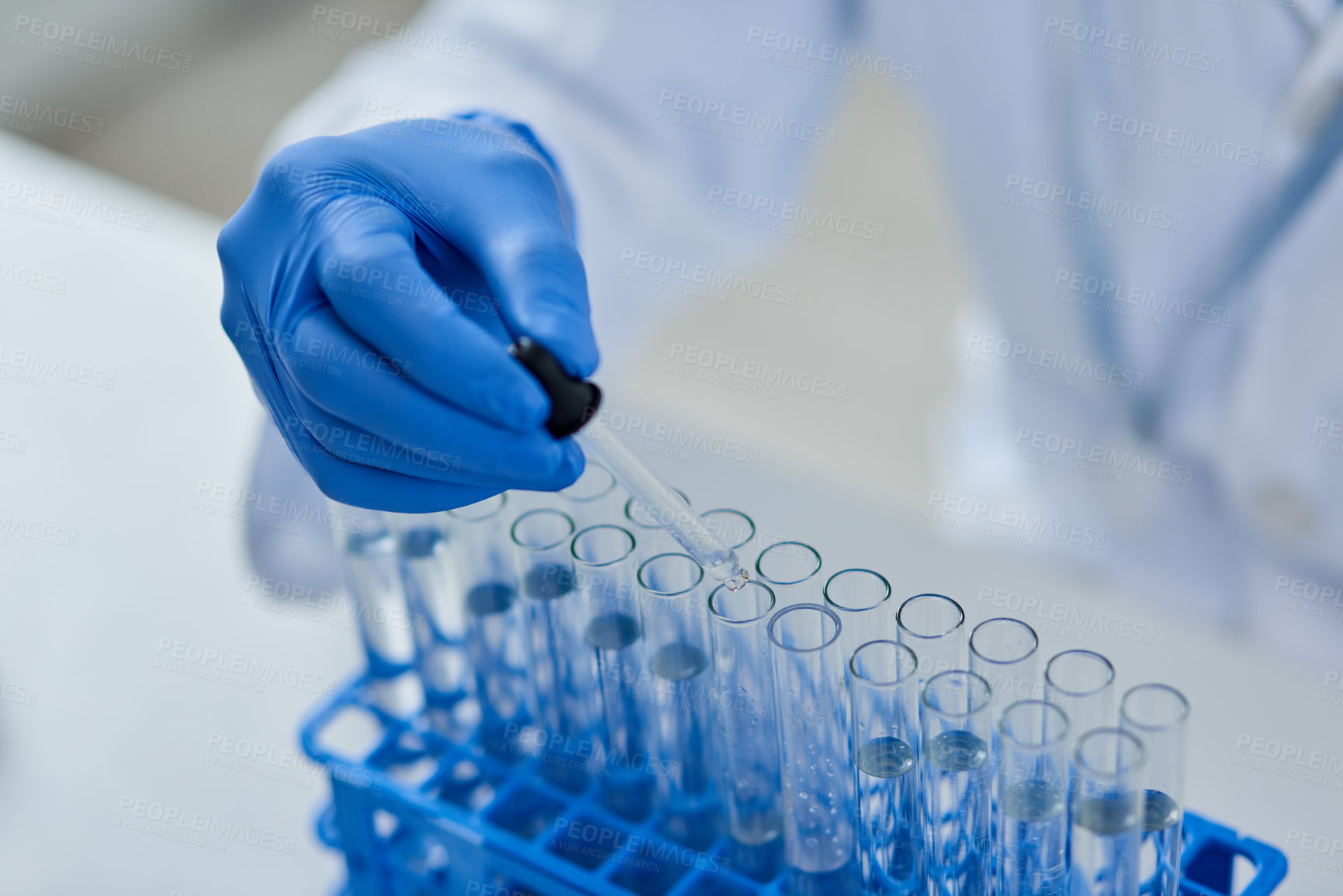 Buy stock photo Hands, test tube and pharmaceutical research for drugs, medicine and medical development. Scientist, laboratory and discovery for innovation, life extension and professional biochemistry expert