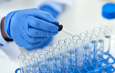 Buy stock photo Hand, test tubes and medical development for drugs, medicine and pharmaceutical research. Scientist, laboratory and discovery for innovation, life extension and professional biochemistry expert