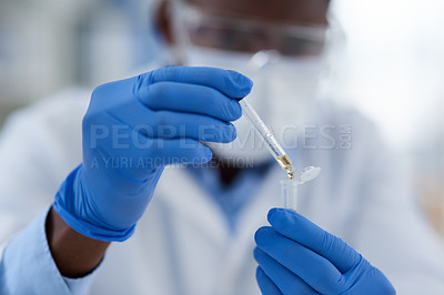 Buy stock photo Hands, scientist and dropper in test tube for research, chemical liquid and vaccine in container. Gloves, doctor and person for forensic exam in lab or pharma, genetics and innovation in medicine