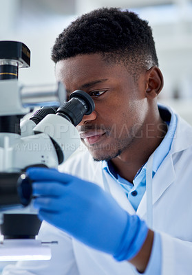 Buy stock photo African man, scientist and microscope in lab with analysis for test sample, experiment or dna pattern. Person, gloves and ppe for medical research at pharma company with thinking, gear and innovation