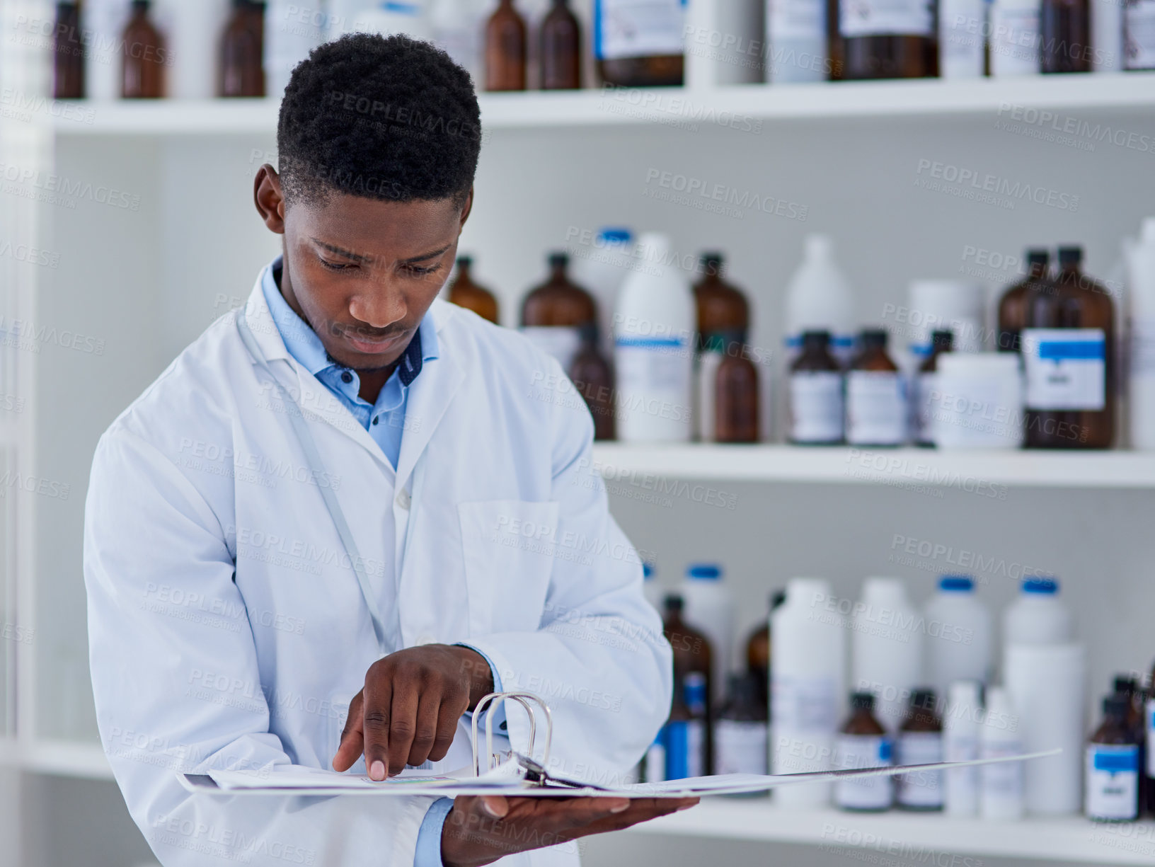 Buy stock photo Folder, science and black man reading in laboratory, research and information for experiment. Doctor, expert and employee with document and file with test review, idea and feedback with medical notes