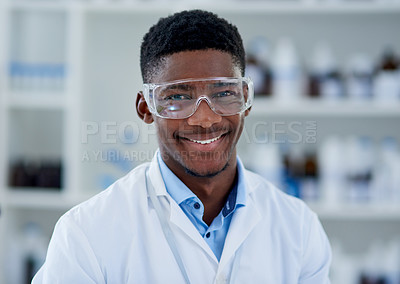 Buy stock photo Science, portrait and black man with confidence, smile and glasses in laboratory for pharmaceutical research. Medical study, lab technician or happy face of scientist with professional pride at job