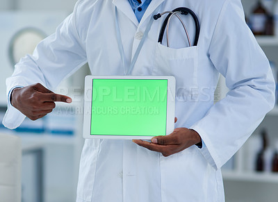 Buy stock photo Green screen, tablet or doctor hand pointing to mockup at hospital for contact us, info or sign up promo. Digital, stethoscope or man show space for lungs, chest or heart, examination or safety steps