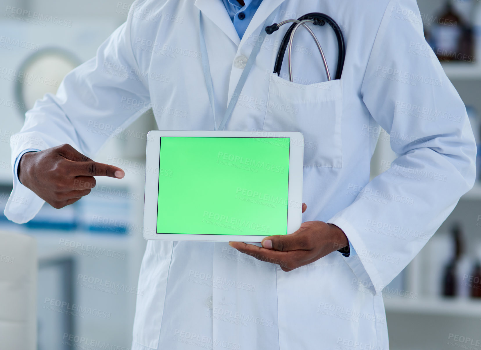 Buy stock photo Green screen, tablet or doctor hand pointing to mockup at hospital for contact us, info or sign up promo. Digital, stethoscope or man show space for lungs, chest or heart, examination or safety steps