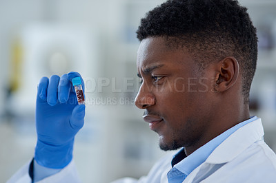Buy stock photo Expert, laboratory and black man with vial, blood and pharmaceuticals with experiment and forensic with science. Person, scientist or medical researcher with health or expert with doctor or chemistry