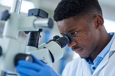 Buy stock photo Black man, scientist and microscope for research, testing and study vaccine results or solution. Lens, doctor and male person for forensic exam in lab or pharma, biotech and innovation in medicine