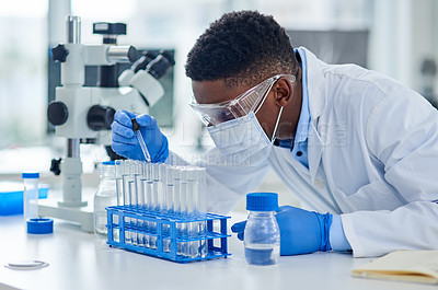 Buy stock photo Black man, scientist and dropper in test tube for research, chemical liquid and vaccine in container. Gloves, doctor and person for forensic exam in lab or pharma, genetics and innovation in medicine