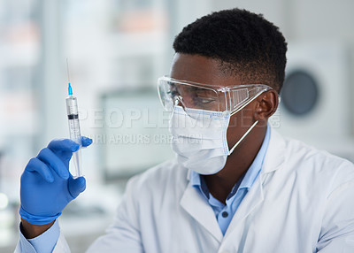 Buy stock photo Black man, needle or scientist in mask for science innovation, vaccine or antiaging medicine chemical. Injection, medical or African biologist with chemistry in research or life extension test in lab
