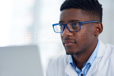 Buy stock photo Science, thinking and black man with laptop, glasses pharmaceutical research in laboratory. Medical study, lab technician or scientist on computer for online review, report or reading results on web.