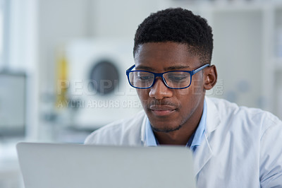 Buy stock photo Science, reading and black man with laptop, glasses pharmaceutical research in laboratory. Medical study, lab technician or scientist on computer for online review, report or checking results on web.