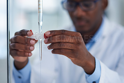 Buy stock photo Medical, infusion and hands of doctor at hospital with vitamin drip for nutrition, health and wellness. Career, IV and healthcare worker with life extension drug for pharmaceutical medicine at clinic