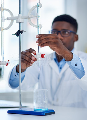 Buy stock photo Science, burette clamp and scientist in laboratory with beaker for chemical research with liquid. Innovation, chemistry and man researcher measuring fluid with biotechnology equipment for medical
