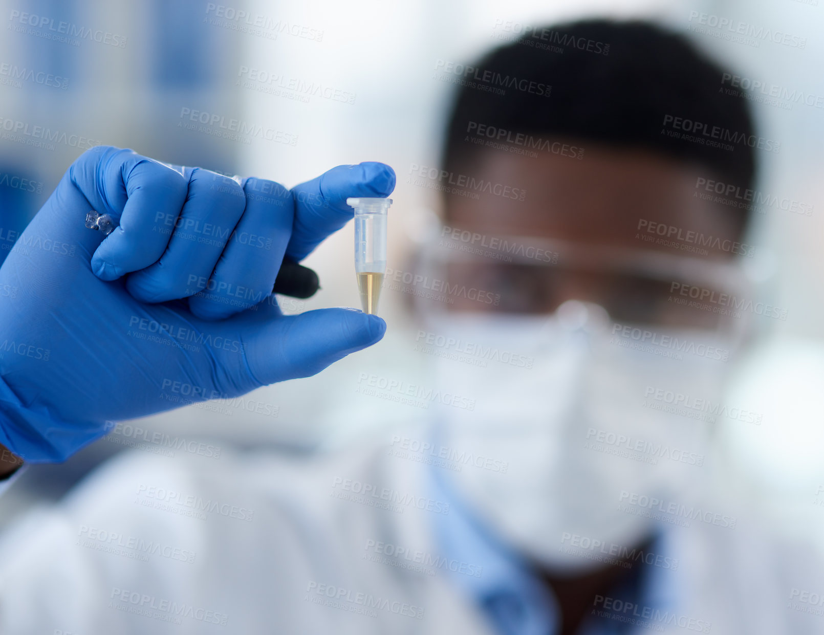 Buy stock photo Hands, scientist and vial of fluid for research, chemical liquid and vaccine solution in container. Gloves, doctor and person for forensic exam in lab or pharma, formula and innovation in medicine