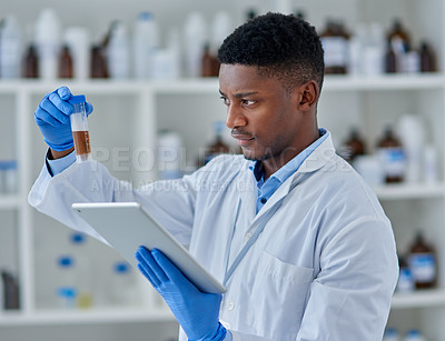 Buy stock photo Scientist, man or liquid for test with tablet in lab for medical study, chemistry development or digital analysis. Science, african expert or vial for healthcare inspection or drug trial breakthrough